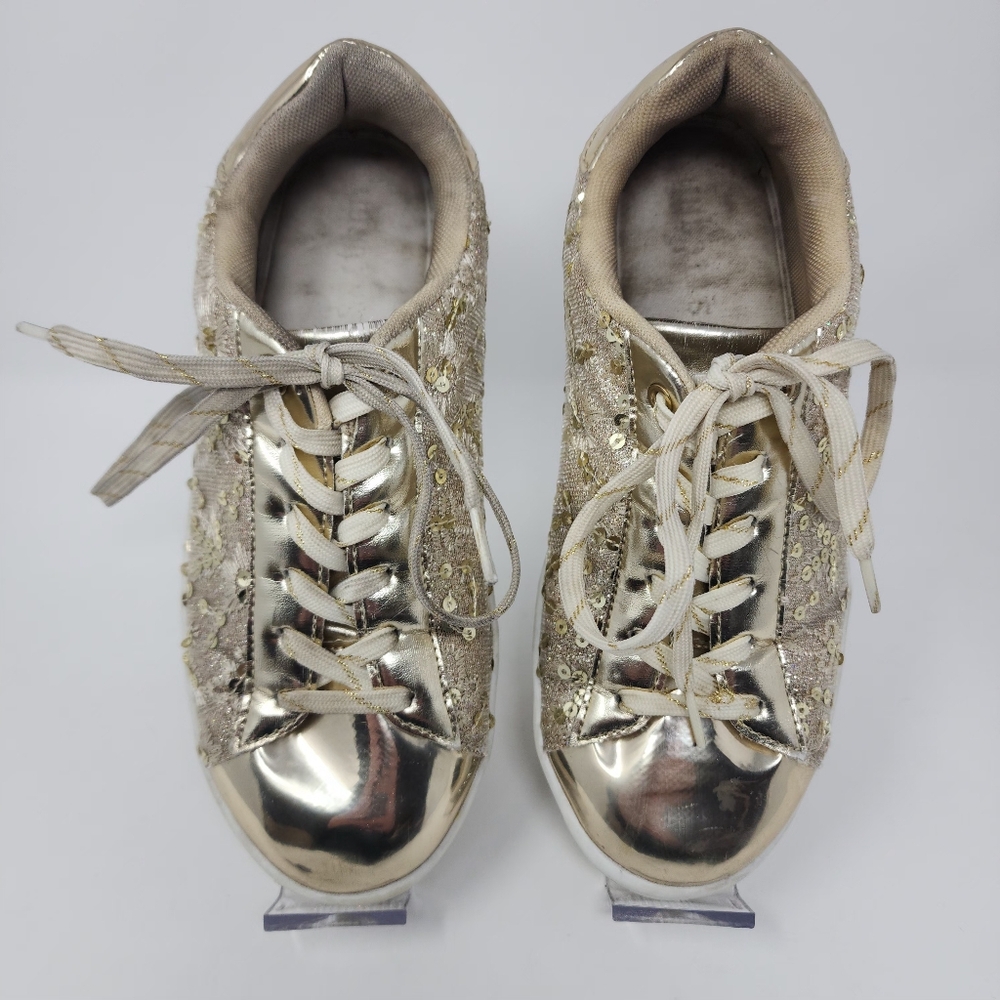 Uubaris Gold Sparkle Sequin Floral Pattern Glitter Sneakers Size 7